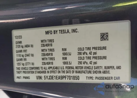 2023 Tesla Model 3 Rear-Wheel Drive from USA, damaged, VIN 5YJ3E1EA9PF701850